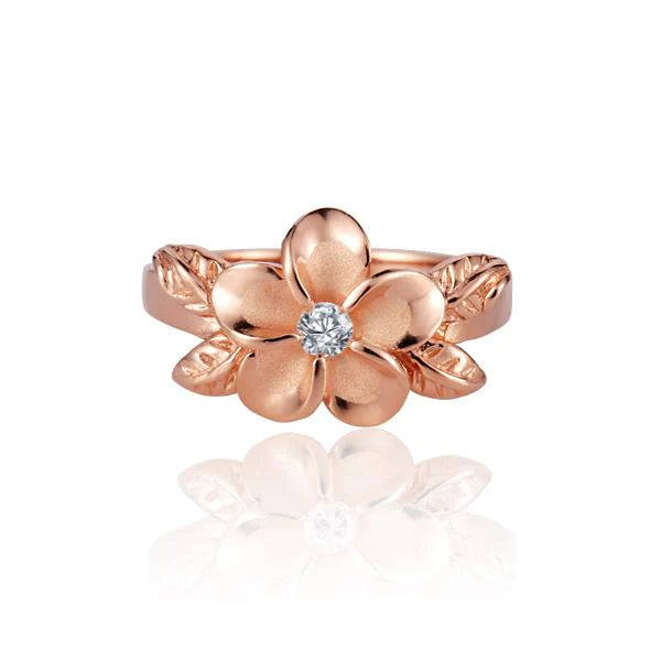 Hawaiian 925 Sterling Silver 4 Leaf Plumeria CZ PG plated ring, 12mm, featuring detailed floral design and sparkling cubic.