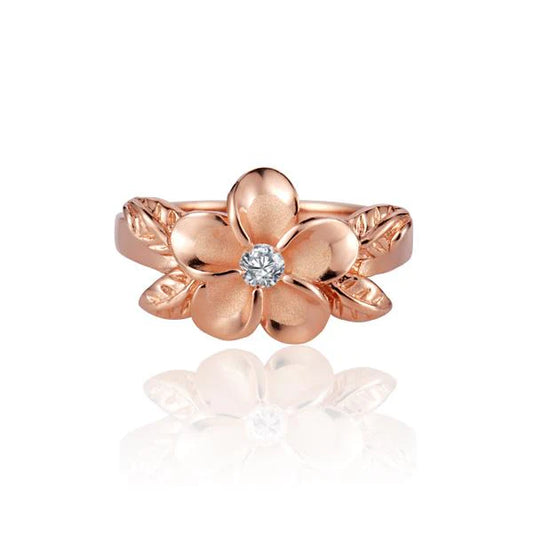 Sterling silver 4 Leaf Plumeria CZ PG plated ring, 12mm, featuring detailed leaf design and sparkling cubic zirconia accents.