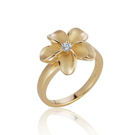 Sterling silver SR Plumeria Rhod YG plated ring, 15mm wide, featuring a floral design and polished finish.