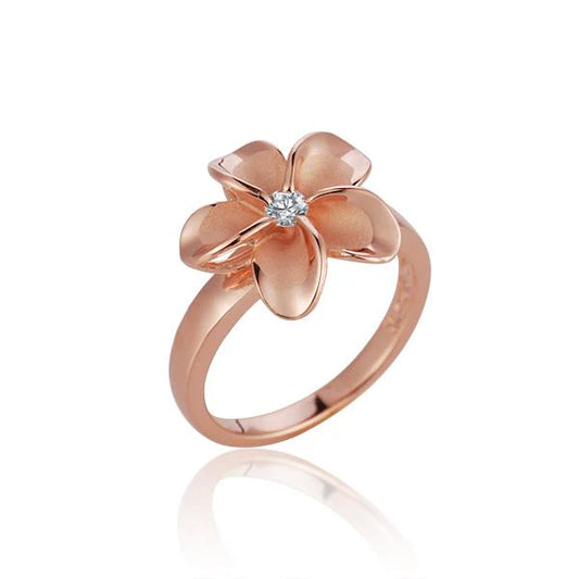 Sterling silver SR Plumeria PG plated ring, 15mm, featuring a floral design, crafted from 925 sterling silver.