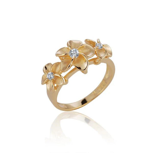 Sterling silver Plumeria CZ rings in 8/10/8mm with yellow gold plating, featuring floral design and sparkling gemstones.