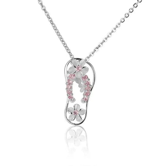 Sterling silver Plumeria 11CZ pink slipper pendant with floral design, crafted by Ashley's Gift Shop.