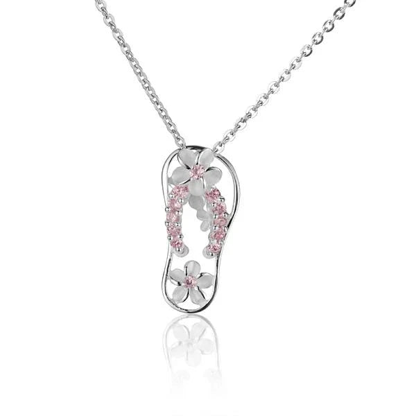 Hawaiian 925 Sterling Silver plumeria 11CZ pink slipper pendant featuring pink cubic zirconia stones.