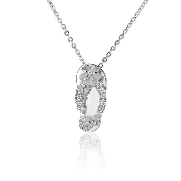 Hawaiian 925 Sterling Silver plumeria 11CZ slipper pendant with sparkling cubic zirconia accents, handcrafted jewelry.