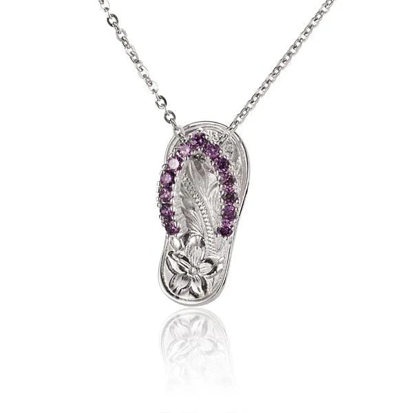 Hawaiian 925 Sterling Silver purple scroll slipper pendant with 13CZ cubic zirconia, featuring intricate design and elegant.