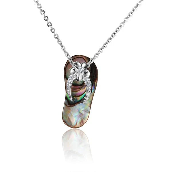 Hawaiian 925 Sterling Silver plumeria 7CZ shell slipper pendant with cubic zirconia accents, featuring intricate floral.