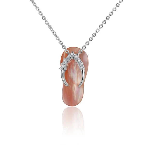 Hawaiian 925 Sterling Silver plumeria 7CZ Shell Slipper Pendant with sparkling cubic zirconia accents, handcrafted jewelry.