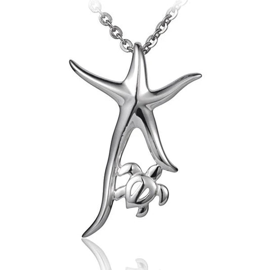 Starfish Honu pendant featuring a detailed turtle design, crafted by Ashley's Gift Shop, with ocean-inspired motifs on a silver chain.