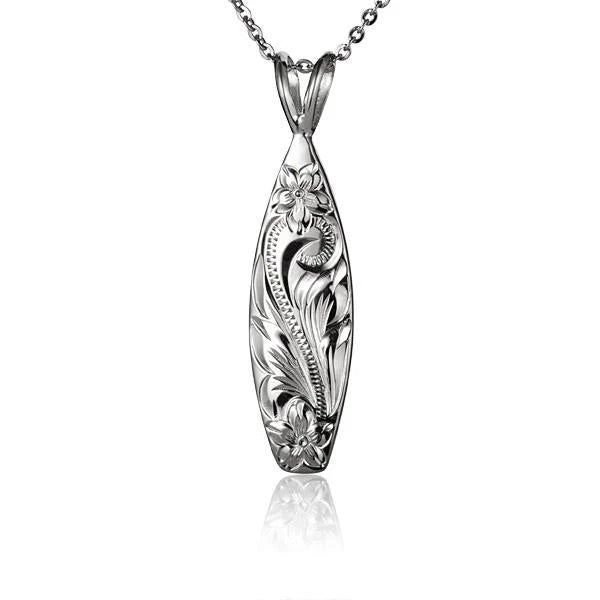 Hawaiian 925 Sterling Silver surfboard pendant with scroll design.