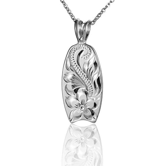 White surfboard-shaped pendant necklace featuring a RE Scroll design, crafted by Ashley's Gift Shop.
