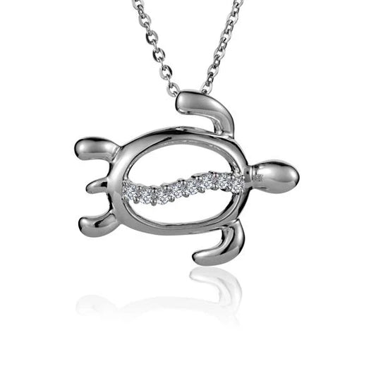 Swimming Honu CZ Line pendant featuring a sea turtle design with sparkling cubic zirconia accents, crafted by Ashley's Gift Shop.