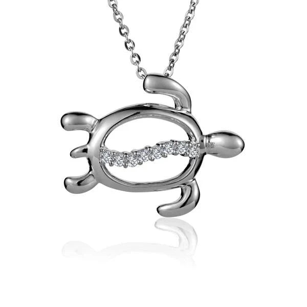 Hawaiian 925 Sterling Silver swimming Honu CZ pendant featuring a turtle design.