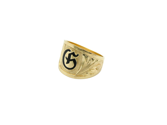 Hawaiian 14K Gold tapered engagement ring with initial engraving, 15mm width, featuring a sleek taper design.