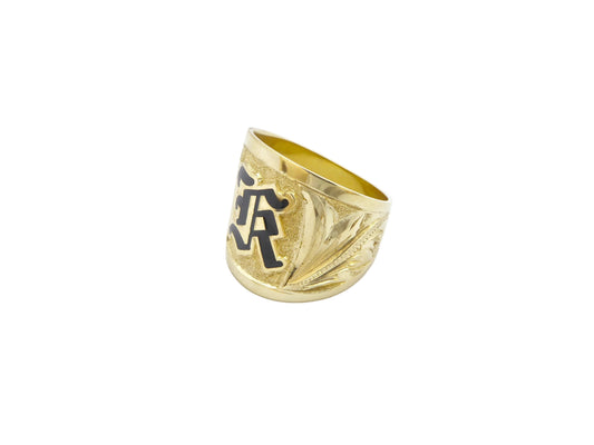 Hawaiian 14K Gold tapered ring with initial engraving, 18mm width, featuring a sleek design and personalized engraved detail.
