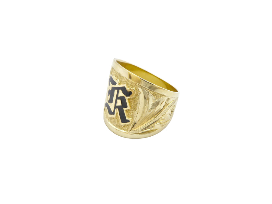 Hawaiian 14K Gold tapered ring with initial engraving, 18mm width, featuring a sleek design and personalized engraved detail.