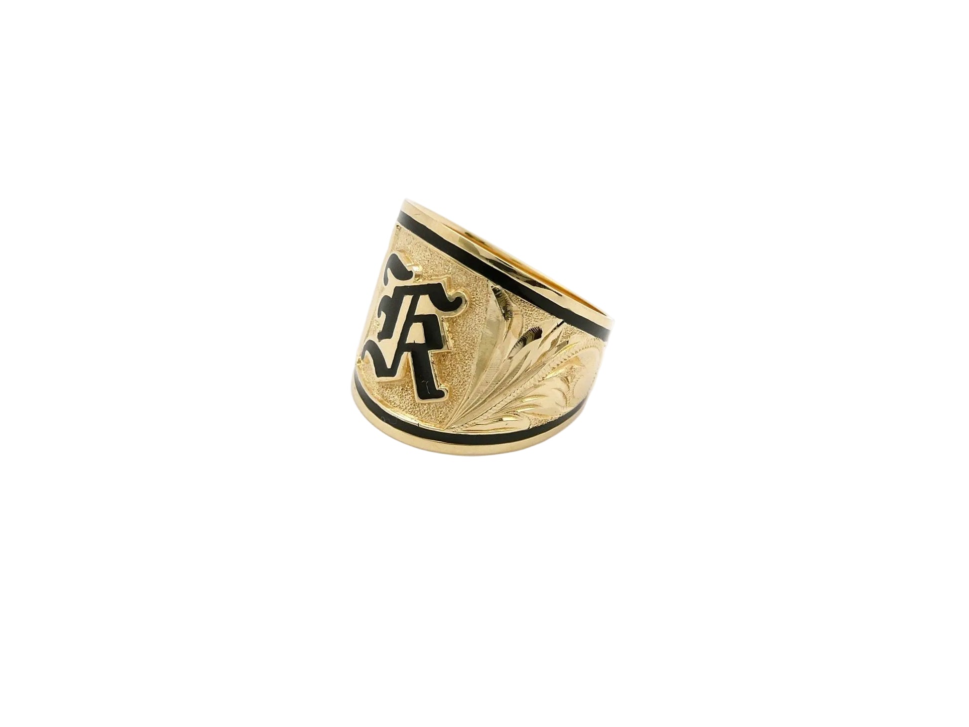 Hawaiian 14K Gold tapered ring with initial engraving, 18mm width, featuring a sleek design and personalized detail.