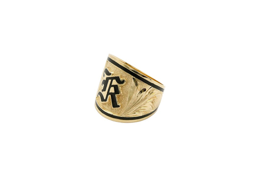 Hawaiian 14K Gold tapered ring with initial engraving, 18mm width, featuring a sleek design and personalized detail.