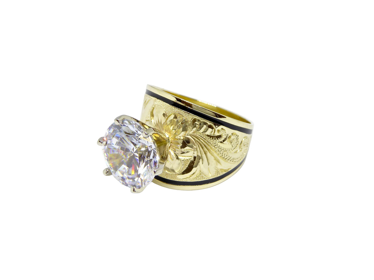 Hawaiian 14K Gold tapered ring with 5 carat cubic zirconia, 18mm wide, elegant jewelry piece.