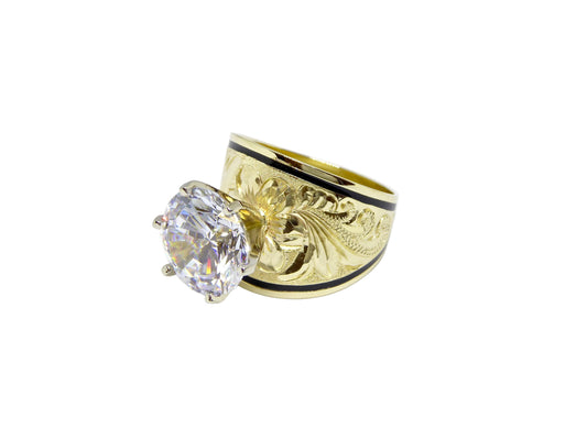 Hawaiian 14K Gold tapered ring with 5 carat cubic zirconia, 18mm wide, elegant jewelry piece.