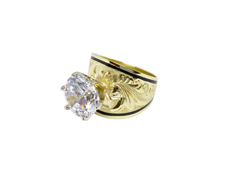 Hawaiian 14K Gold tapered ring with 5 carat cubic zirconia, 18mm wide, elegant jewelry piece.