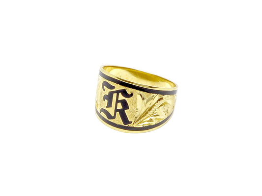 Hawaiian 14K Gold tapered ring with initial engraving, 15mm width, polished design with personalized engraving.