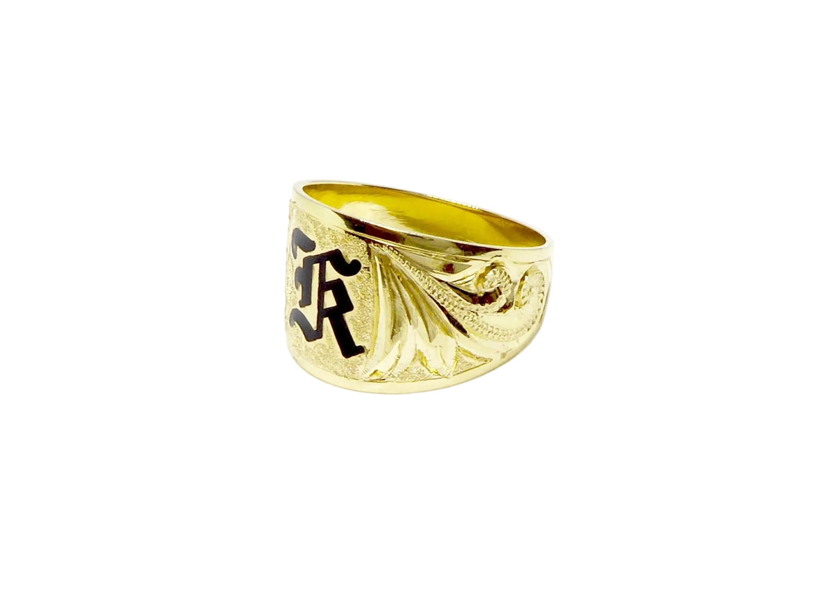 Hawaiian 14K Gold tapered ring with initial engraving, 15mm width, featuring a sleek design and personalized engraved.