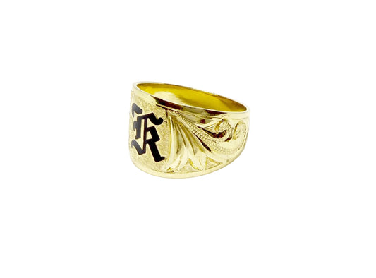 Hawaiian 14K Gold tapered ring with initial engraving, 15mm width, featuring a sleek design and personalized engraved.