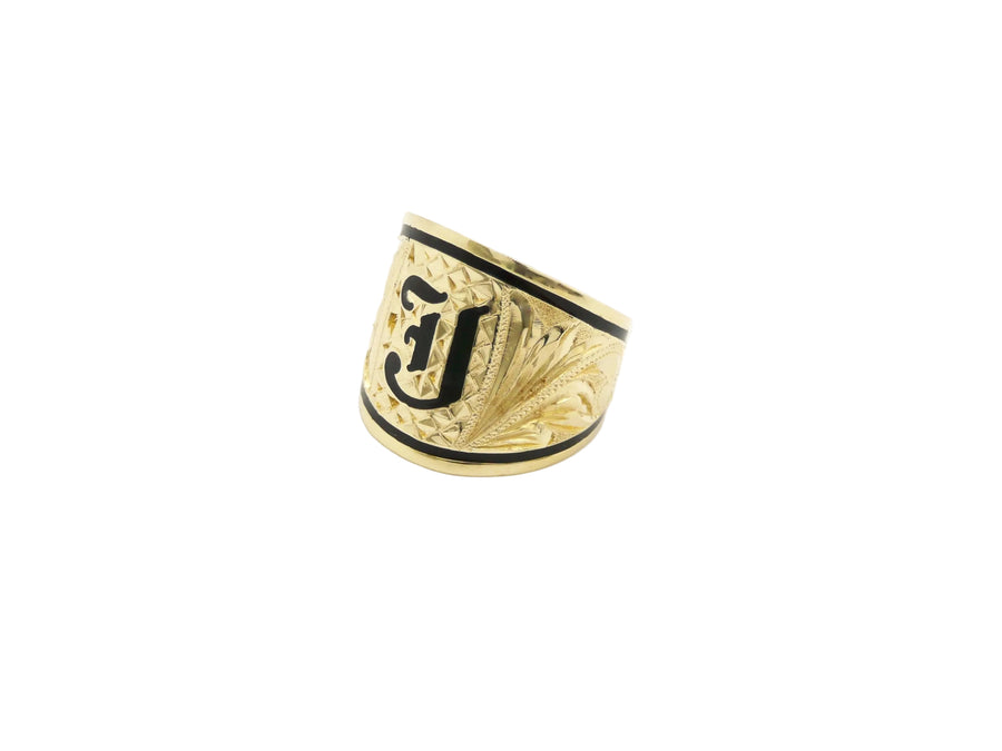 Hawaiian 14K Gold tapered ring with initial engraving, 18mm width.