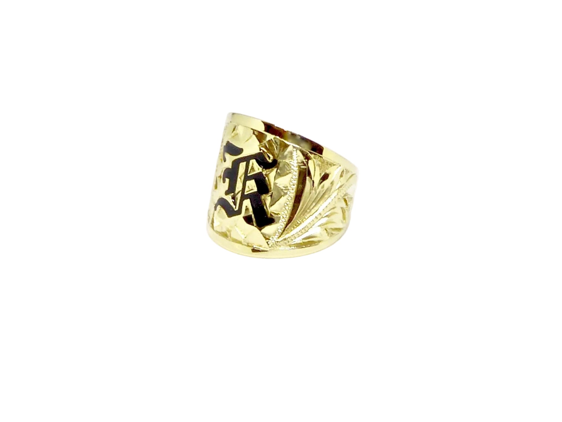 Hawaiian 14K Gold tapered ring with initial engraving, 18mm width.