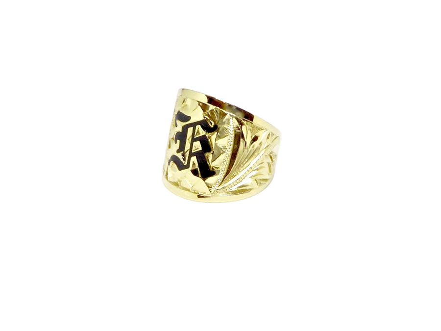 Hawaiian 14K Gold tapered ring with initial engraving, 18mm width.