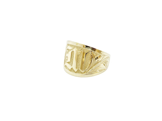 Hawaiian 14K Gold tapered ring with raised initial engraving, 15mm width, elegant jewelry piece with personalized design.