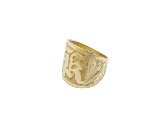 Hawaiian 14K Gold tapered ring with raised initial engraving, 18mm width, featuring a sleek design and personalized detail.