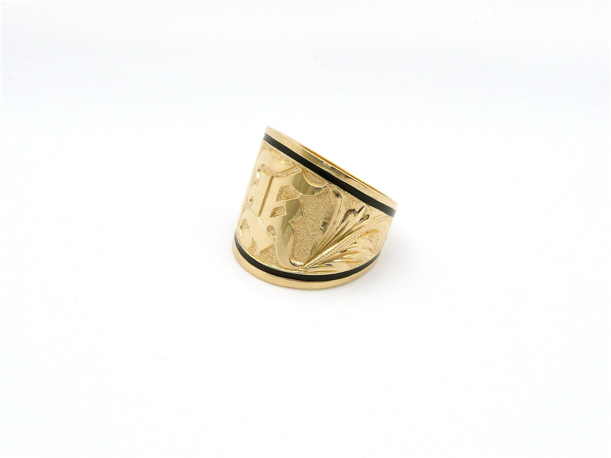 Hawaiian 14K Gold tapered ring with raised initial engraving, 18mm wide.