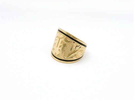 Hawaiian 14K Gold tapered ring with raised initial engraving, 18mm wide.