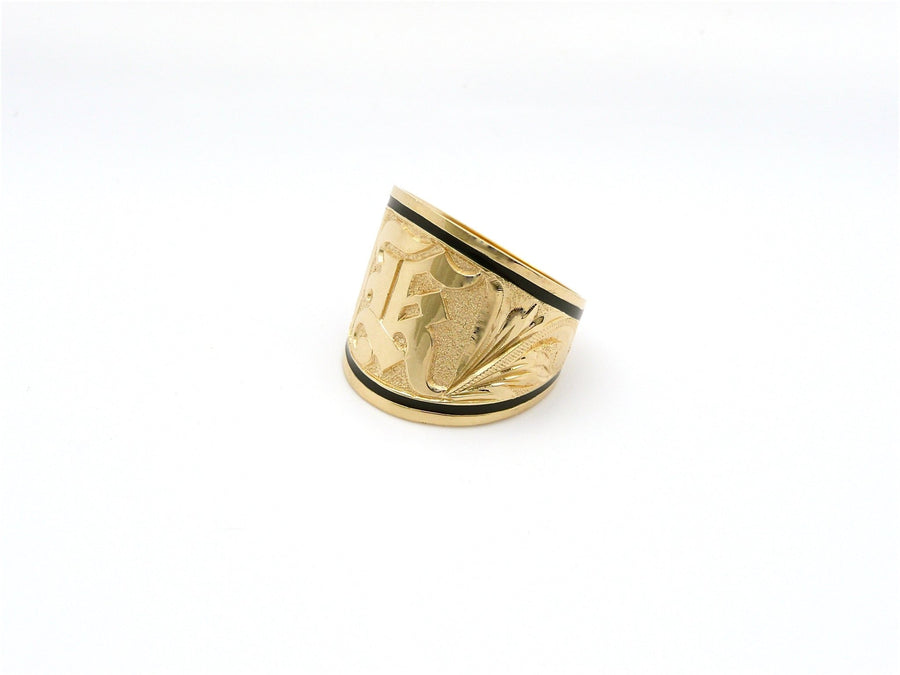 Hawaiian 14K Gold tapered ring with raised initial engraving, 18mm wide.