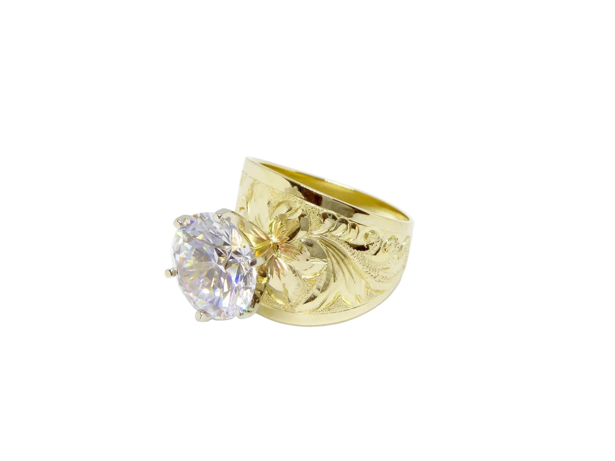 Hawaiian 14K Gold tapered ring with a 5-carat cubic zirconia stone, 18mm width, elegant jewelry.