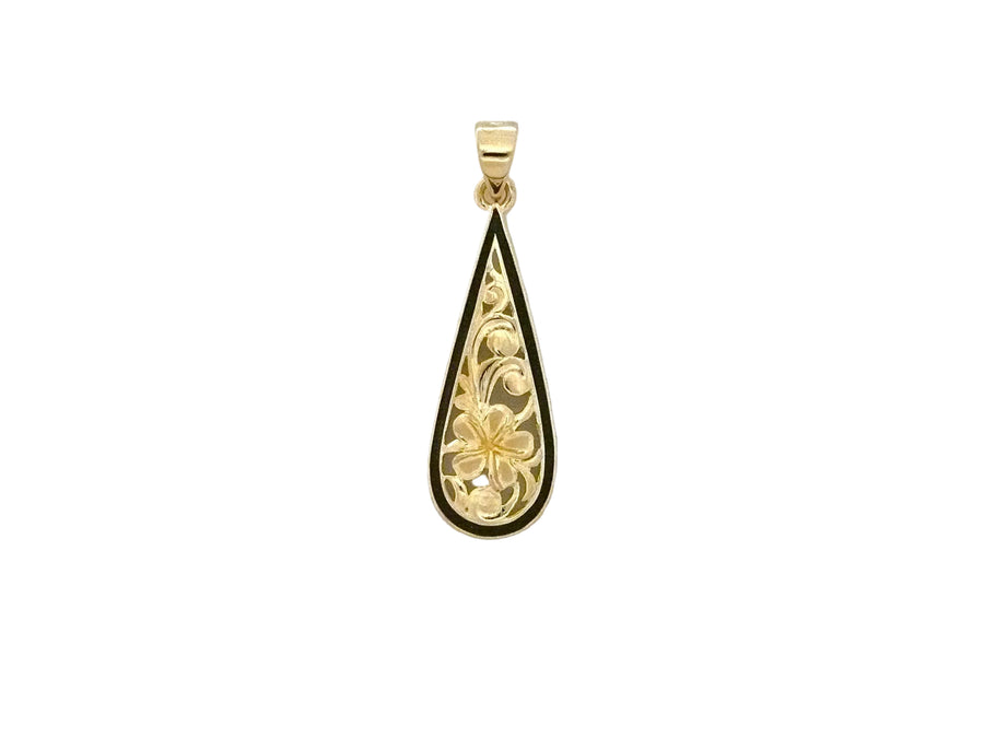 Hawaiian 14K Gold teardrop Plumeria pendant with floral design, hanging from a delicate chain.