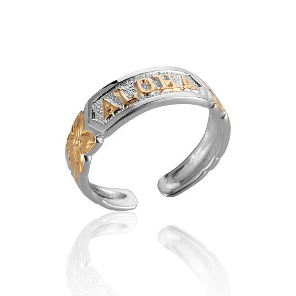 Hawaiian 925 Sterling Silver aloha scroll toe ring with intricate design, crafted from 925 silver.