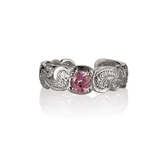 Round pink CZ scroll toe ring made of 925 sterling silver, featuring a delicate pink cubic zirconia design.