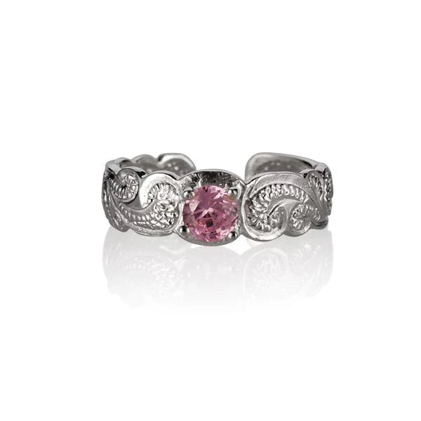 Hawaiian 925 Sterling Silver round pink CZ scroll toe ring featuring a decorative design.