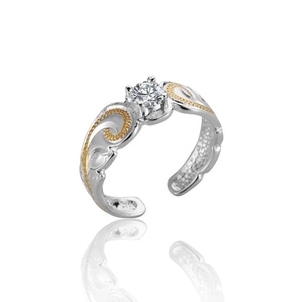 Hawaiian 925 Sterling Silver round CZ scroll toe ring with intricate design.