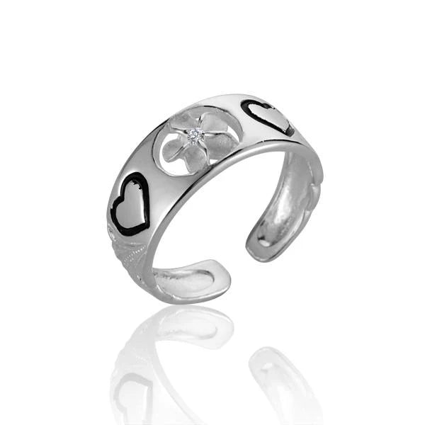 Hawaiian 925 Sterling Silver plumeria Heart Scroll Toe Ring with 6mm width, featuring intricate heart and scroll designs.