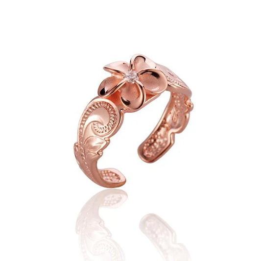 Sterling silver Plumeria CZ toe ring featuring an 8mm flower design, crafted by Ashley's Gift Shop.