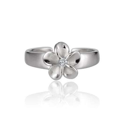 Sterling silver Plumeria CZ toe ring featuring an 8mm flower design, crafted from 925 silver for a stylish, delicate look