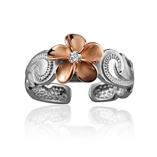 925 Sterling Silver Plumeria Scroll Toe Ring with 8mm design, featuring intricate floral-inspired detailing.