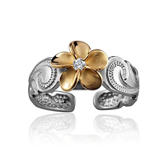 Sterling silver Plumeria Scroll Toe Ring with 8mm design, featuring intricate floral details on a delicate toe ring.