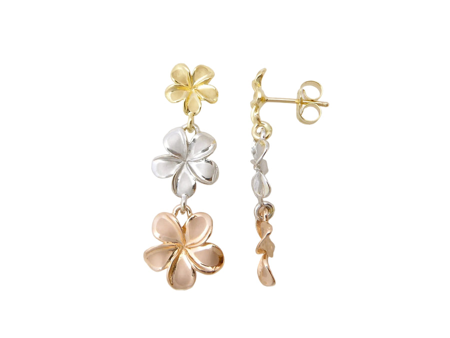 Hawaiian 14K Gold tri-color gold Plumeria stud earrings featuring three different flower designs.
