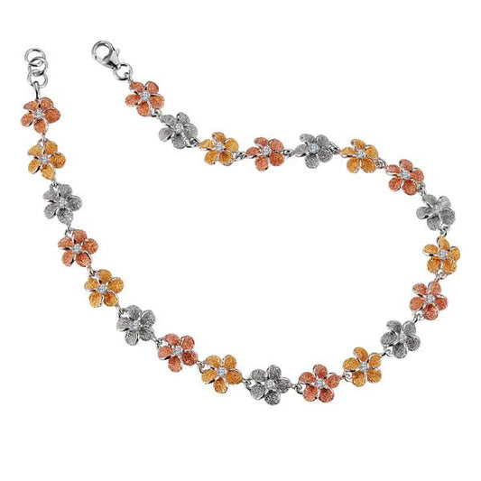 Tricolor Plumeria CZ anklet with 8mm beads, featuring vibrant flower designs, showcasing Ashley's Gift Shop jewelry.
