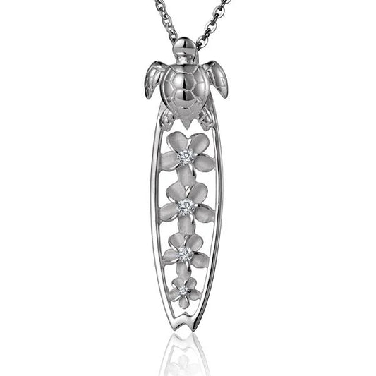 925 sterling silver Turtle+4 Plumeria surfboard pendant featuring a detailed turtle design and tropical plumeria flowers.