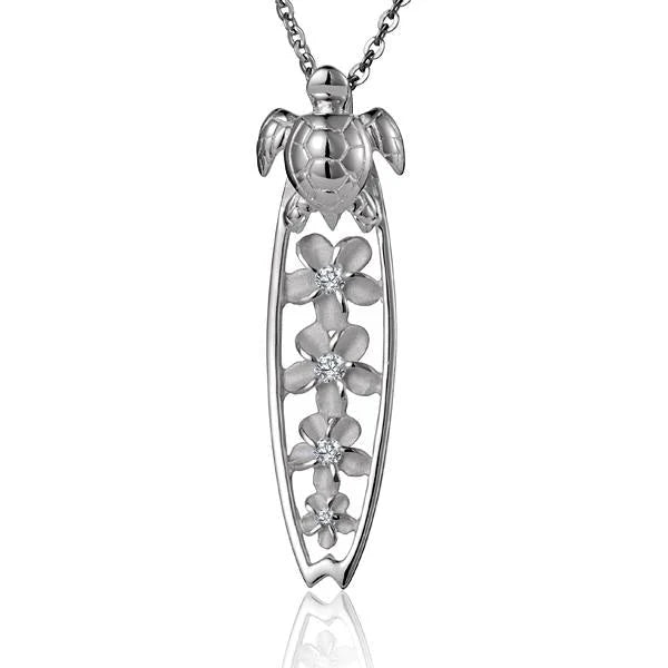 Hawaiian 925 Sterling Silver turtle+4 Plumeria surfboard pendant featuring a detailed turtle design and tropical plumeria.